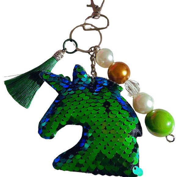 Green Gold Unicorn Sequin Keychain, Plush, Silk Tassel, Bead, Purse Backpk Charm - Picture 1 of 1
